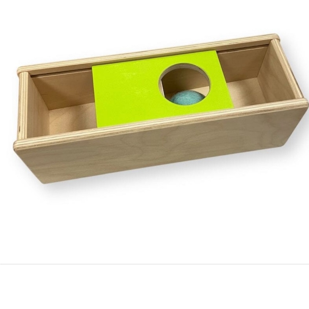 LOVEVERY Sliding Top Box. Natural Wood Box with Lime Green Lid and Felt ball.